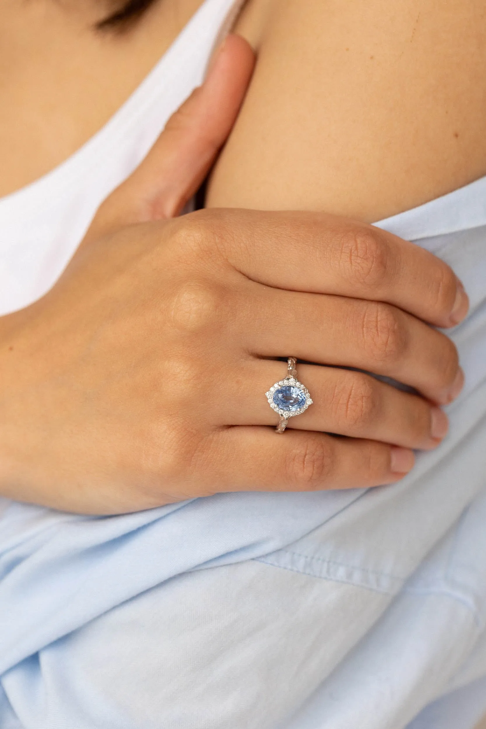 2 carat blue sapphire engagement ring, white gold leaf ring with diamond halo / Florentina