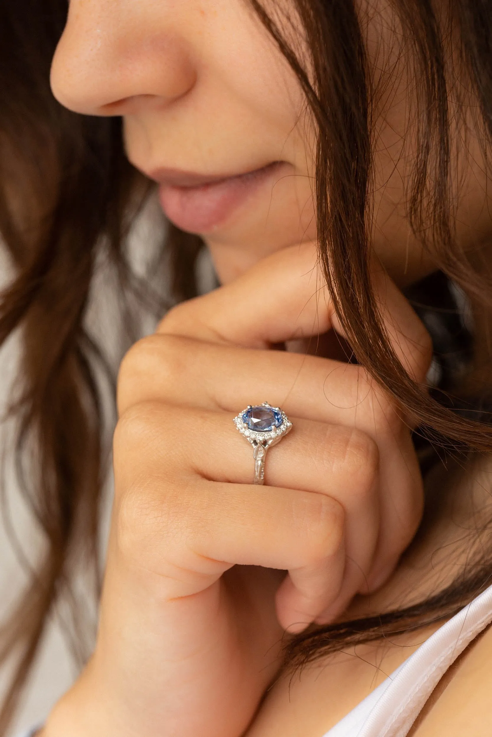 2 carat blue sapphire engagement ring, white gold leaf ring with diamond halo / Florentina