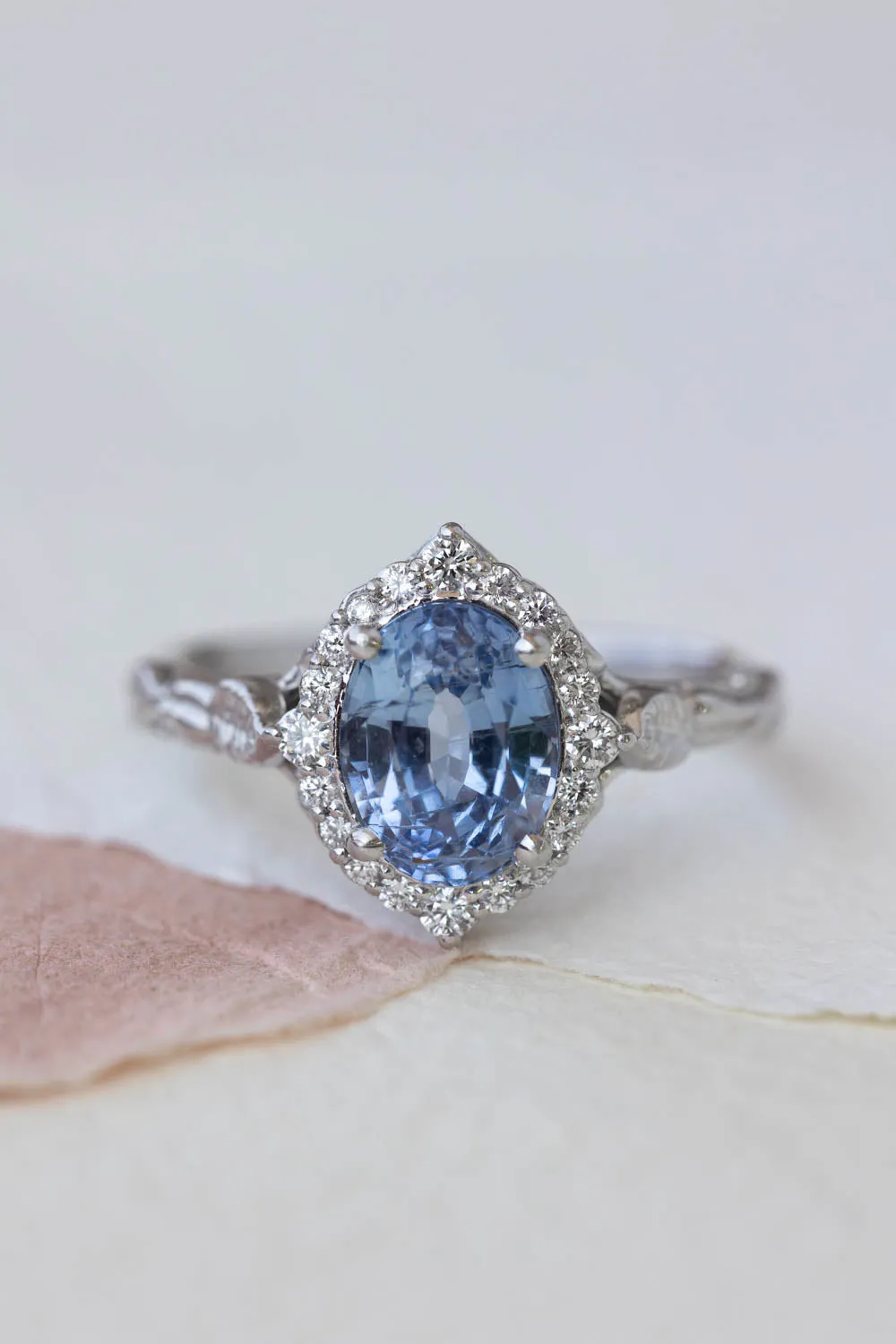 2 carat blue sapphire engagement ring, white gold leaf ring with diamond halo / Florentina