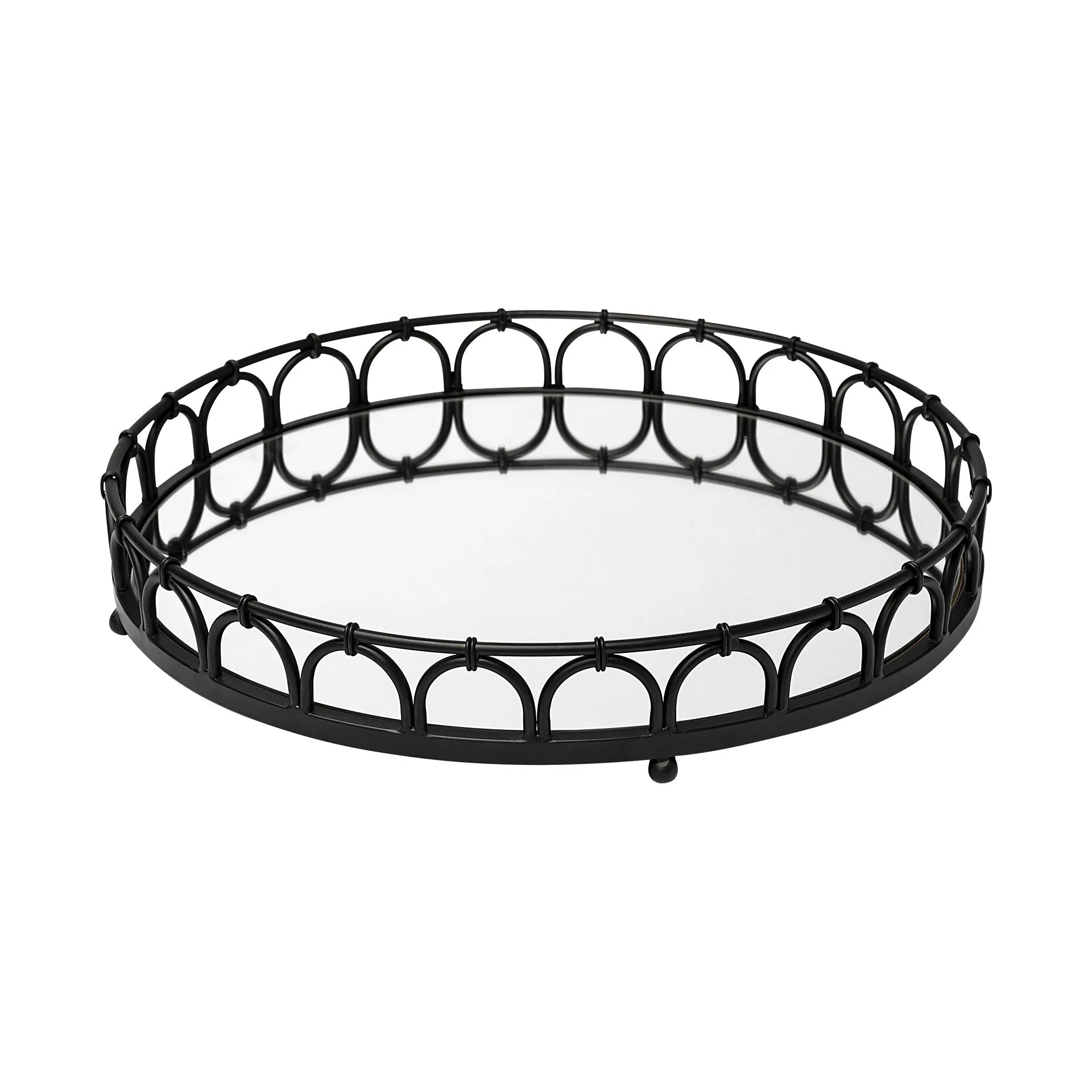 20' Matte Black Metal Half Circles And Mirrored Glass Round Tray By Homeroots