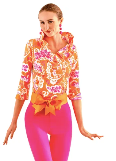 3/4 Sleeve Ruffneck Top - Flora Pink/Orange