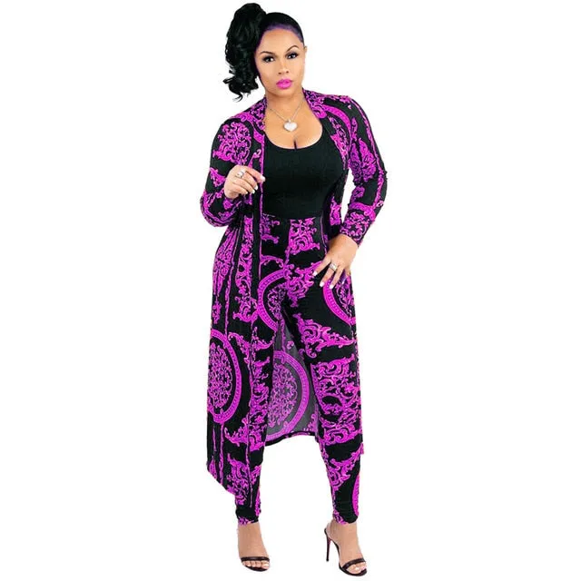 3XL Plus Size 2 Pieces Set Sexy Autumn Fashion Women Set Female Tops Floral Print Long Sleeve Cardigan Bodycon Stripe Pants