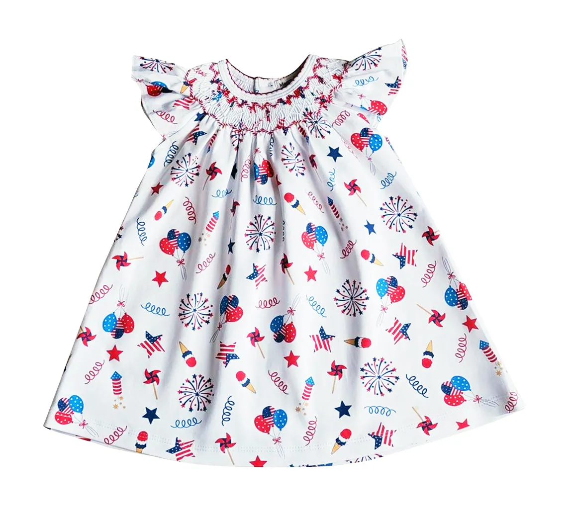 4th of July Print Girls smocked bishop Pima Cotton