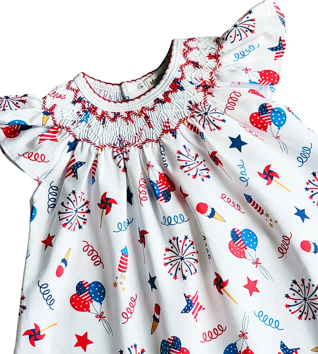 4th of July Print Girls smocked bishop Pima Cotton