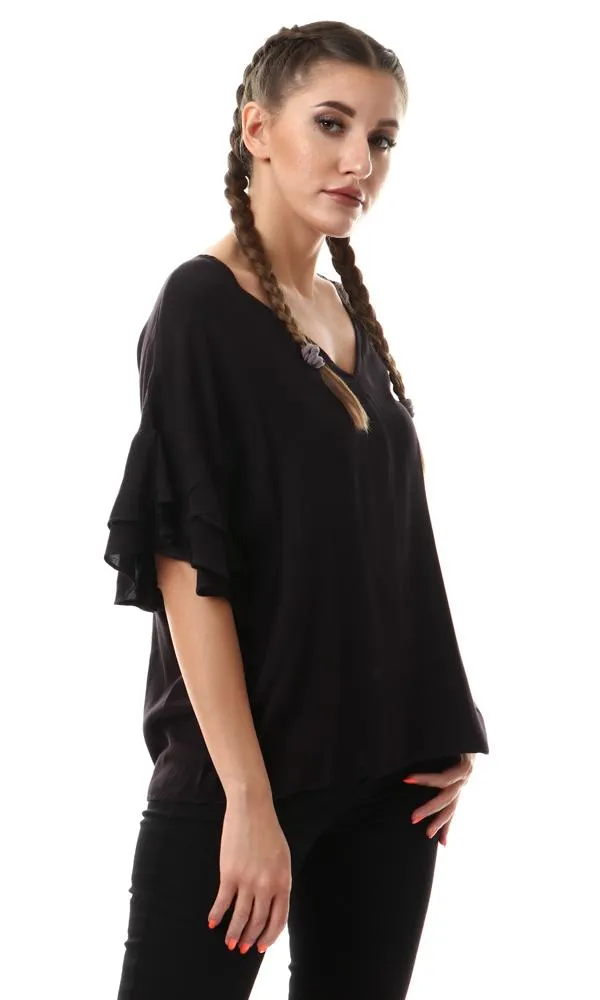 53394 Ruffle Short Sleeves V-Neck Black Blouse