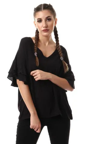 53394 Ruffle Short Sleeves V-Neck Black Blouse