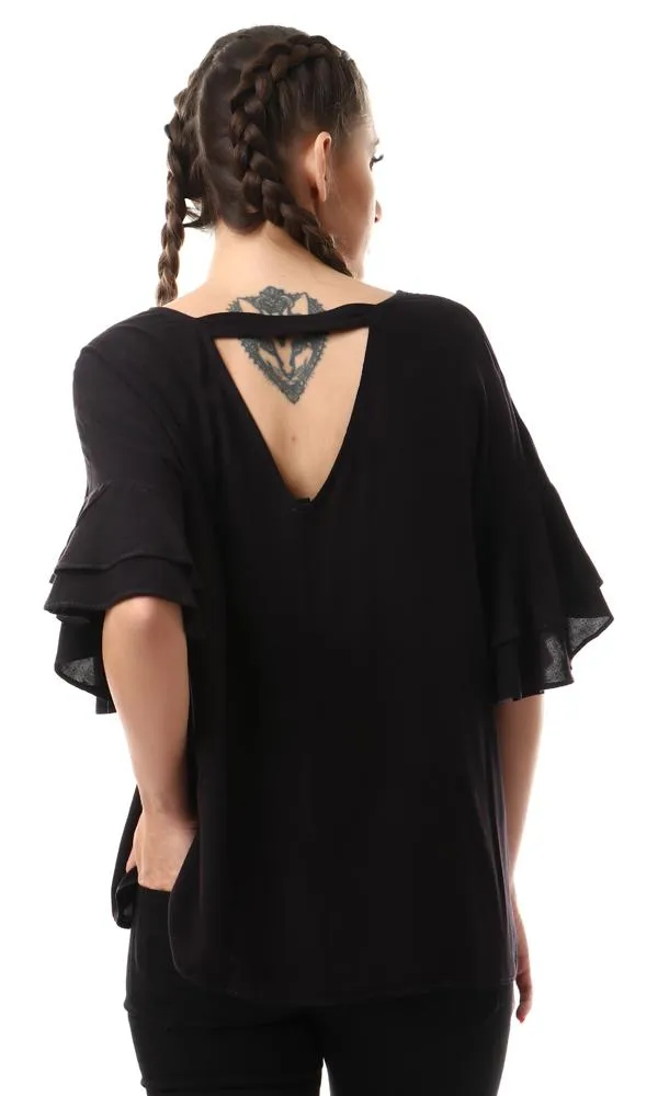 53394 Ruffle Short Sleeves V-Neck Black Blouse