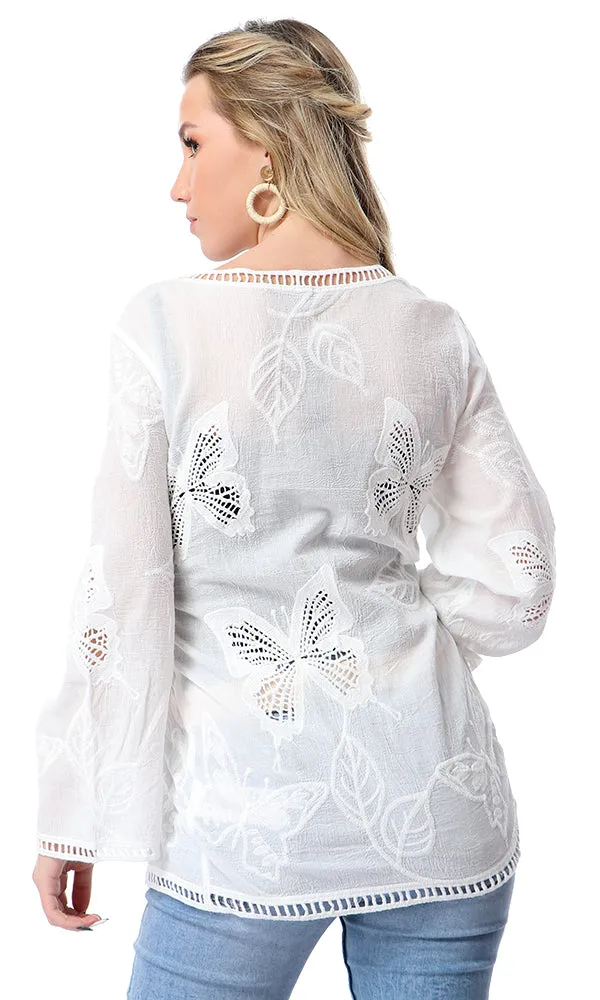 53996 Perforated Butterflies Long Sleeves Off-White Top