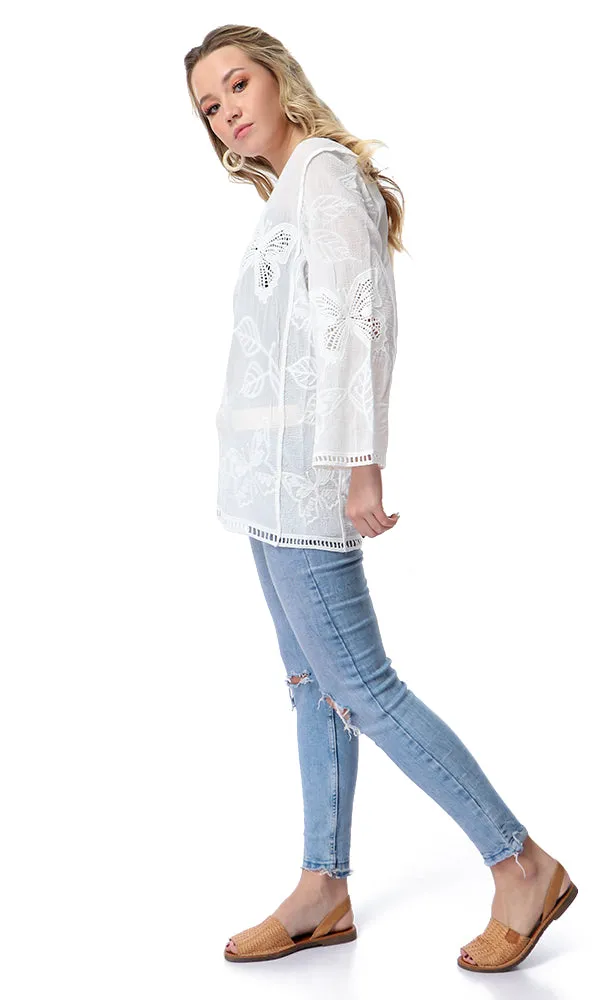 53996 Perforated Butterflies Long Sleeves Off-White Top