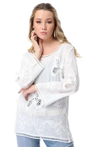 53996 Perforated Butterflies Long Sleeves Off-White Top