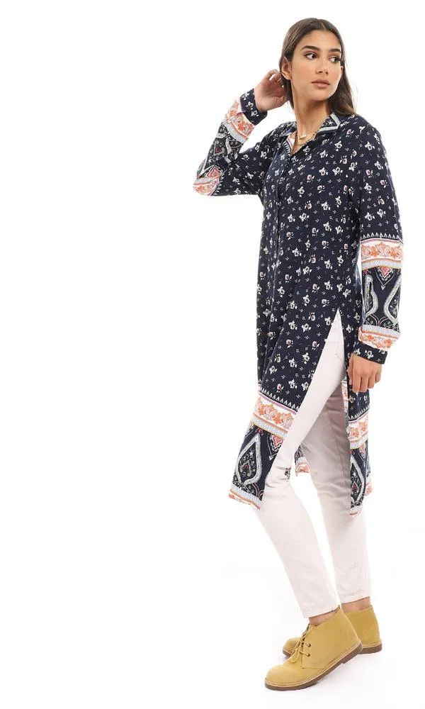 57922 Comfy Long Sleeves Floral Long Shirt - Navy Blue