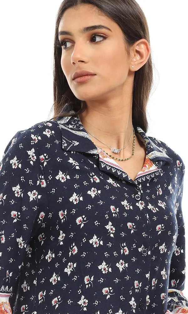 57922 Comfy Long Sleeves Floral Long Shirt - Navy Blue