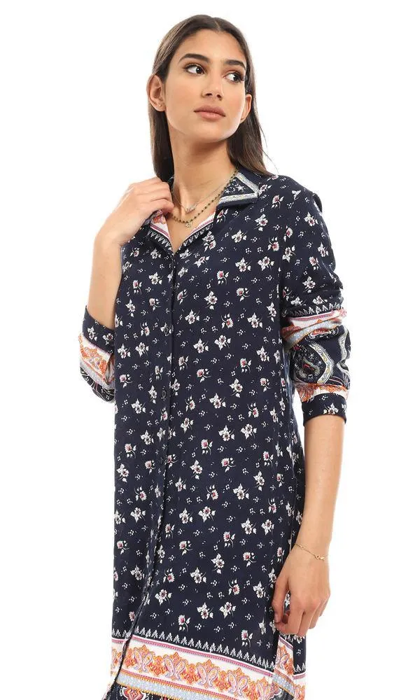 57922 Comfy Long Sleeves Floral Long Shirt - Navy Blue