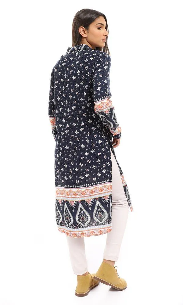 57922 Comfy Long Sleeves Floral Long Shirt - Navy Blue