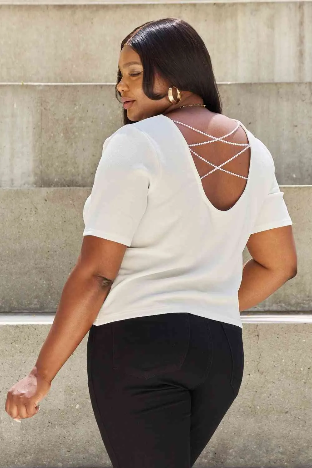 And The Why Pearly White Full Size Criss Cross Pearl Detail Open Back T-Shirt