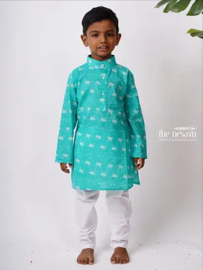 Aqua Cotton Floral Print Kurta with White Pant for Boys