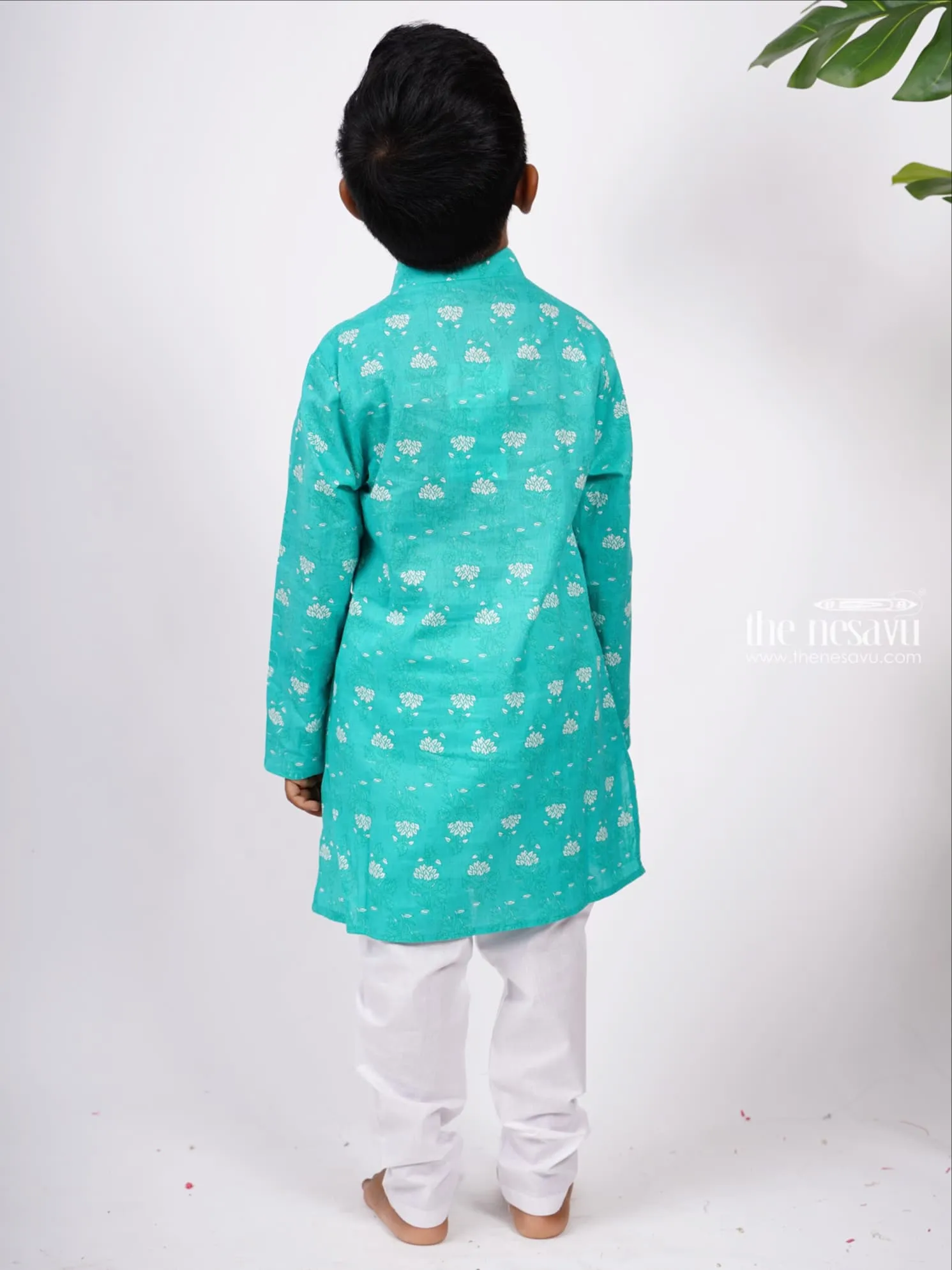 Aqua Cotton Floral Print Kurta with White Pant for Boys