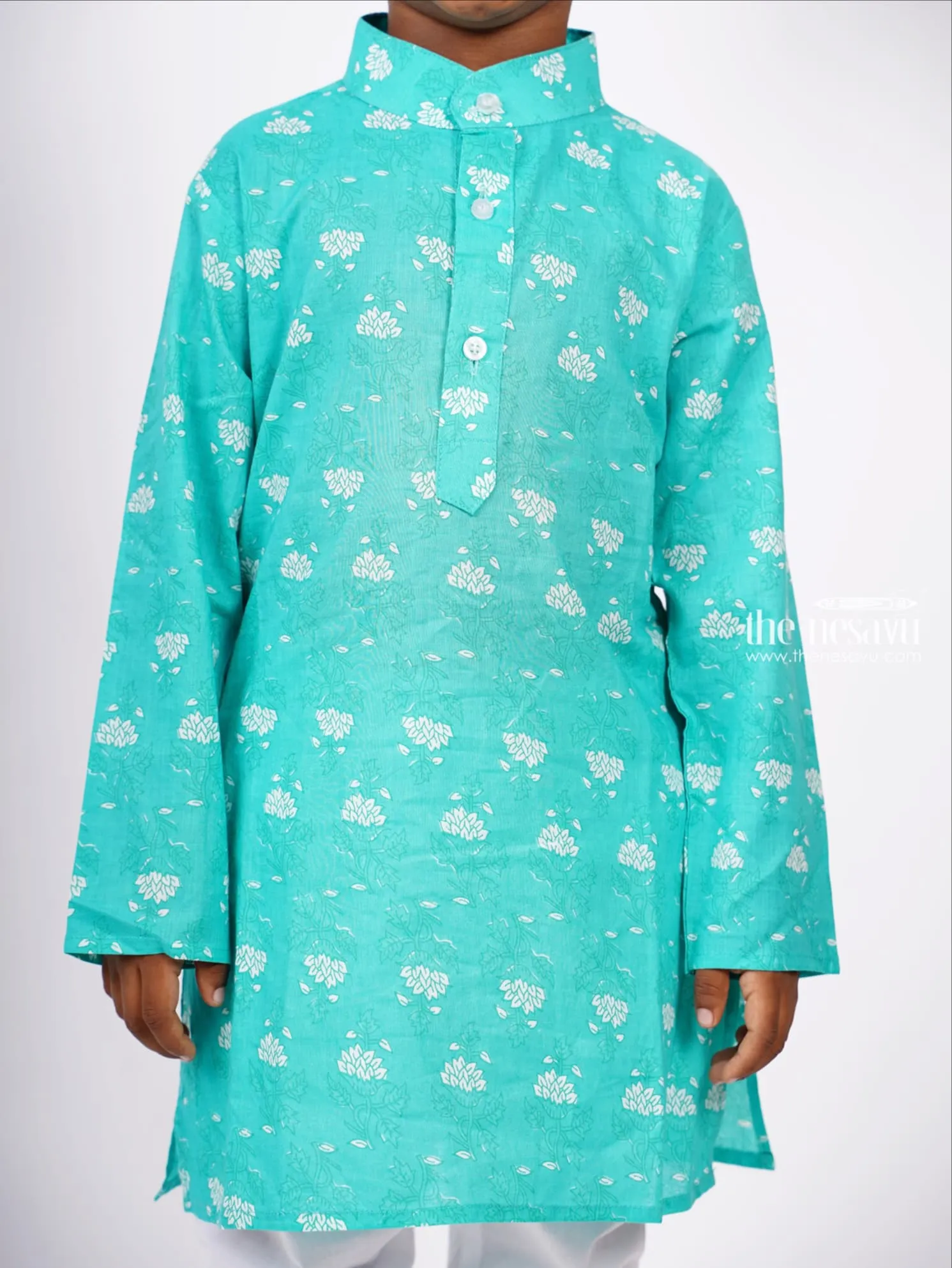 Aqua Cotton Floral Print Kurta with White Pant for Boys