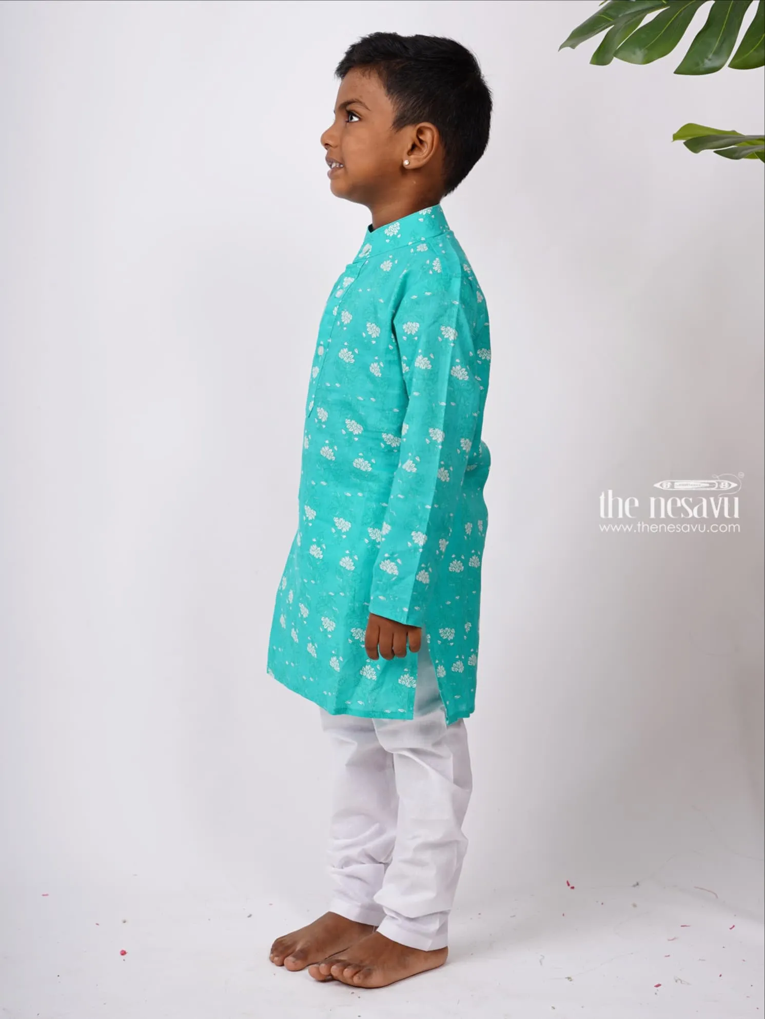 Aqua Cotton Floral Print Kurta with White Pant for Boys