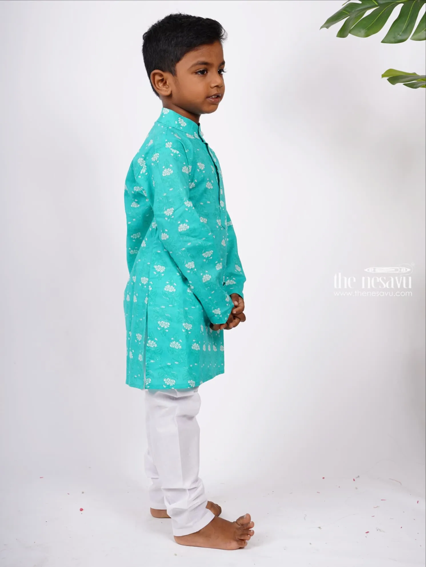 Aqua Cotton Floral Print Kurta with White Pant for Boys