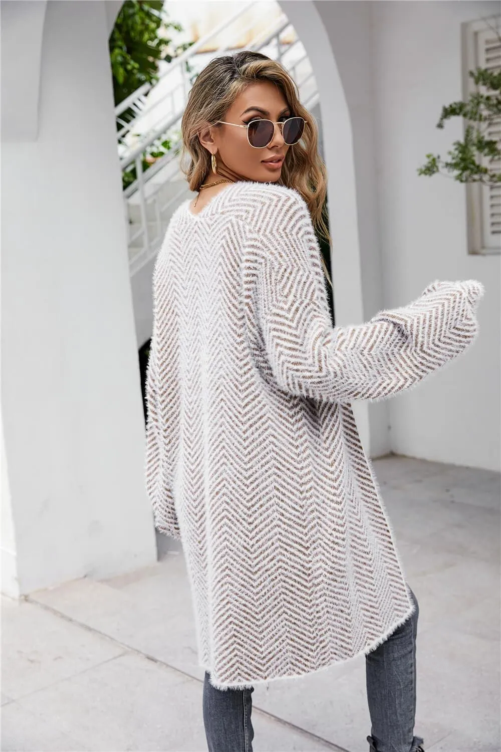 Aubrey Herringbone Pattern Open Front Longline Fuzzy Cardigan