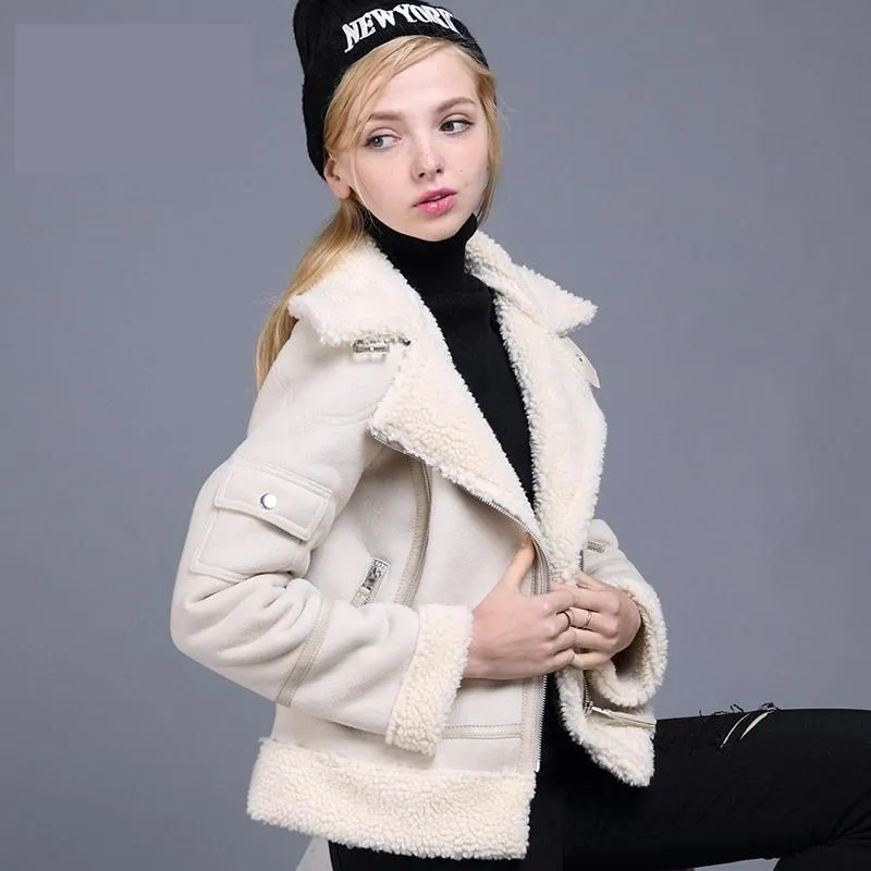 Autumn Winter Synthetic Shearling Sheepskin Thick Suede Jackets for Women