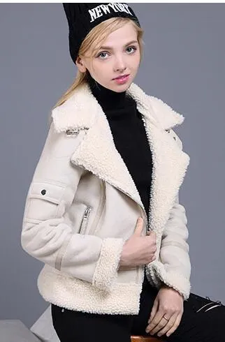 Autumn Winter Synthetic Shearling Sheepskin Thick Suede Jackets for Women