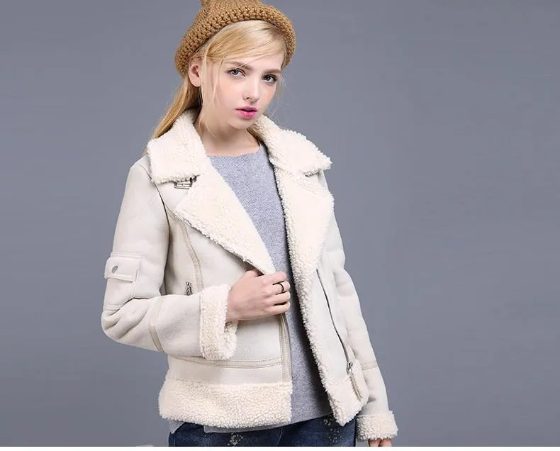 Autumn Winter Synthetic Shearling Sheepskin Thick Suede Jackets for Women