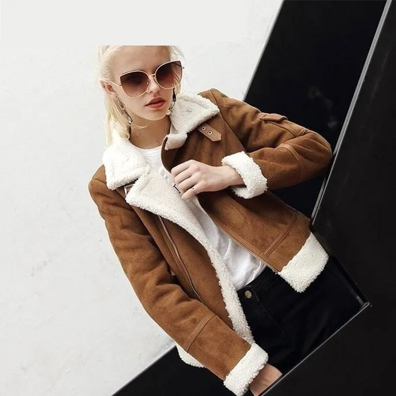 Autumn Winter Synthetic Shearling Sheepskin Thick Suede Jackets for Women