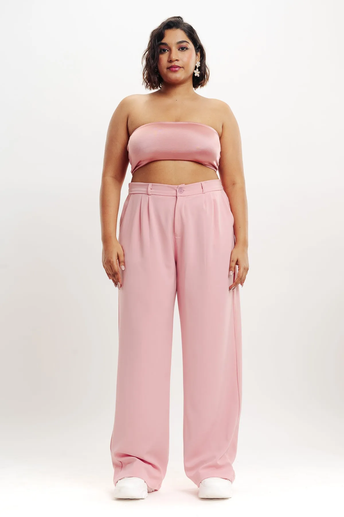 Baby Pink Pleated Straight Fit Curve Korean Pant