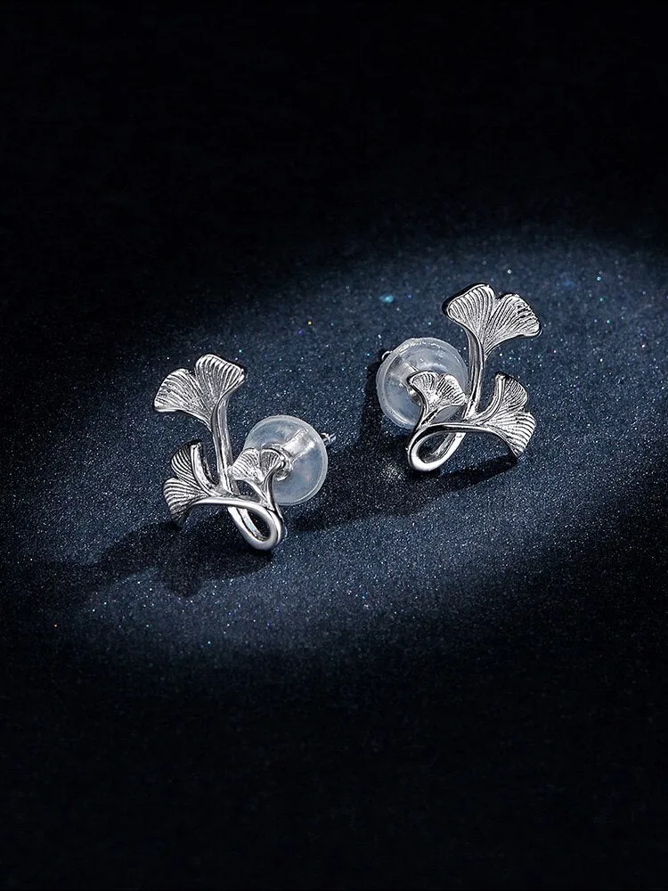 bamoer Silver 925 Design Ginkgo Leaf Stud Earrings for Women