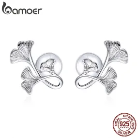 bamoer Silver 925 Design Ginkgo Leaf Stud Earrings for Women