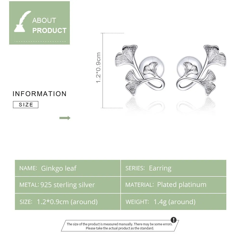 bamoer Silver 925 Design Ginkgo Leaf Stud Earrings for Women