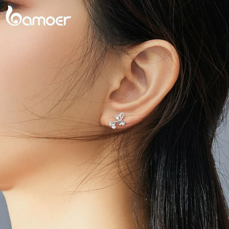 bamoer Silver 925 Design Ginkgo Leaf Stud Earrings for Women