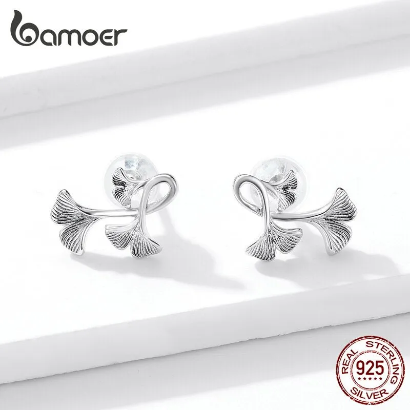 bamoer Silver 925 Design Ginkgo Leaf Stud Earrings for Women