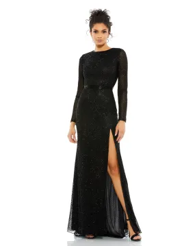 Beaded High Neck Long Sleeve Gown With Detailed Belt