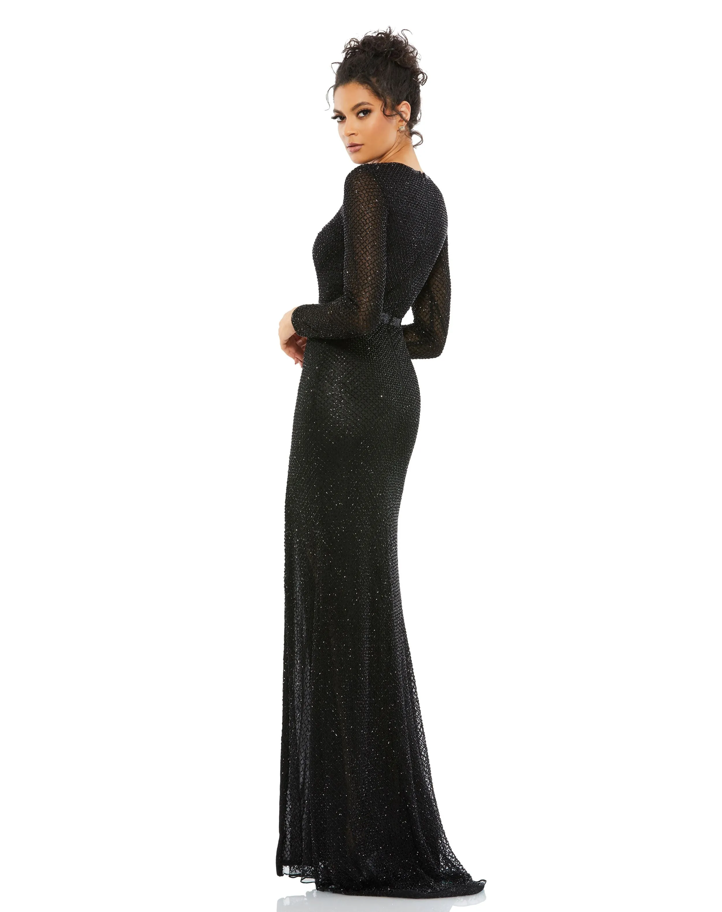 Beaded High Neck Long Sleeve Gown With Detailed Belt