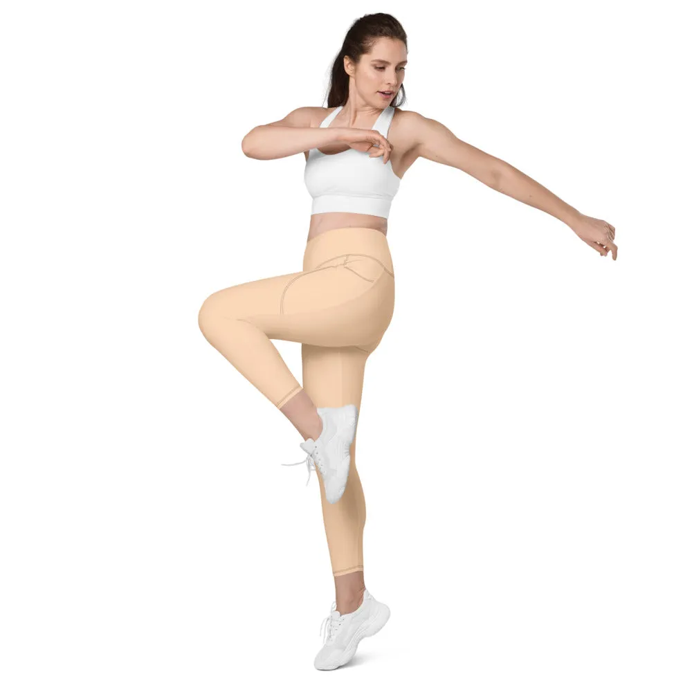 Beige Nude Color Women's Tights, Women's 7/8 Leggings With 2 Side Pockets - Made in USA/EU/MX