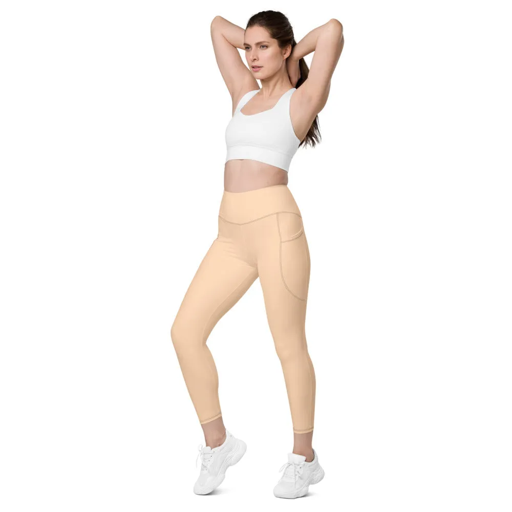 Beige Nude Color Women's Tights, Women's 7/8 Leggings With 2 Side Pockets - Made in USA/EU/MX