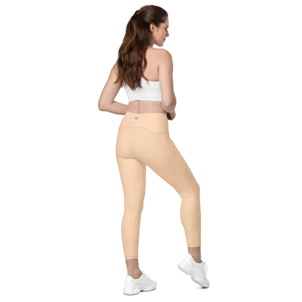 Beige Nude Color Women's Tights, Women's 7/8 Leggings With 2 Side Pockets - Made in USA/EU/MX