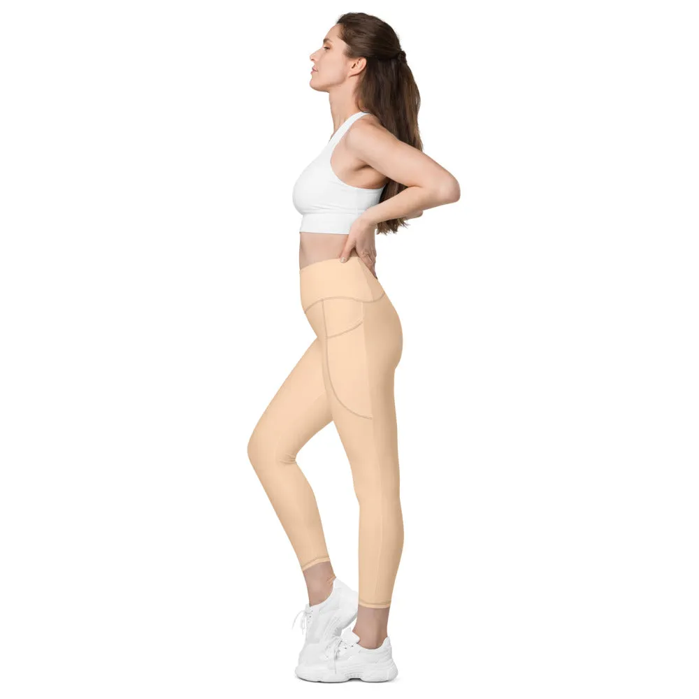 Beige Nude Color Women's Tights, Women's 7/8 Leggings With 2 Side Pockets - Made in USA/EU/MX