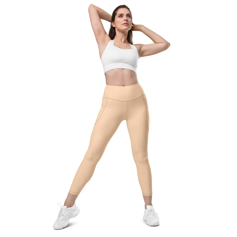 Beige Nude Color Women's Tights, Women's 7/8 Leggings With 2 Side Pockets - Made in USA/EU/MX