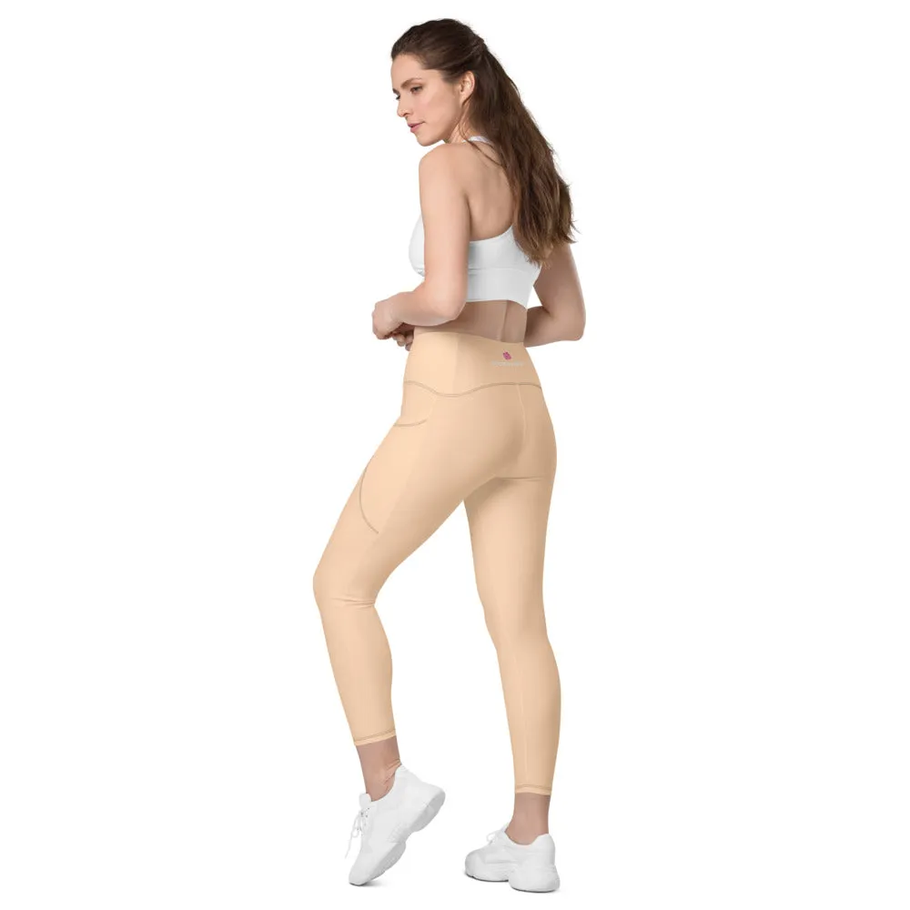 Beige Nude Color Women's Tights, Women's 7/8 Leggings With 2 Side Pockets - Made in USA/EU/MX