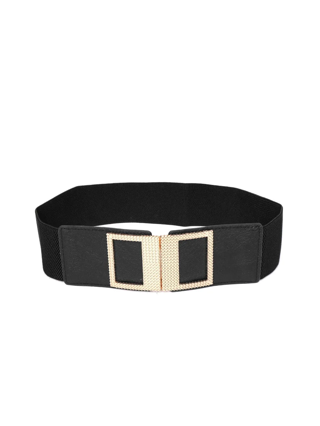 Berrylush Women Black Elastic Strap Fancy Double Buckle Belt