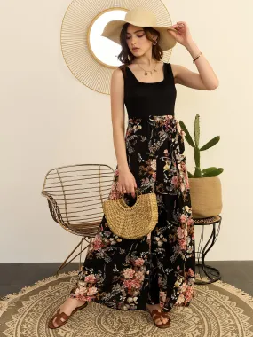 Berrylush Women Black Floral Print Square Neck Sleeveless Basic Jumpsuit