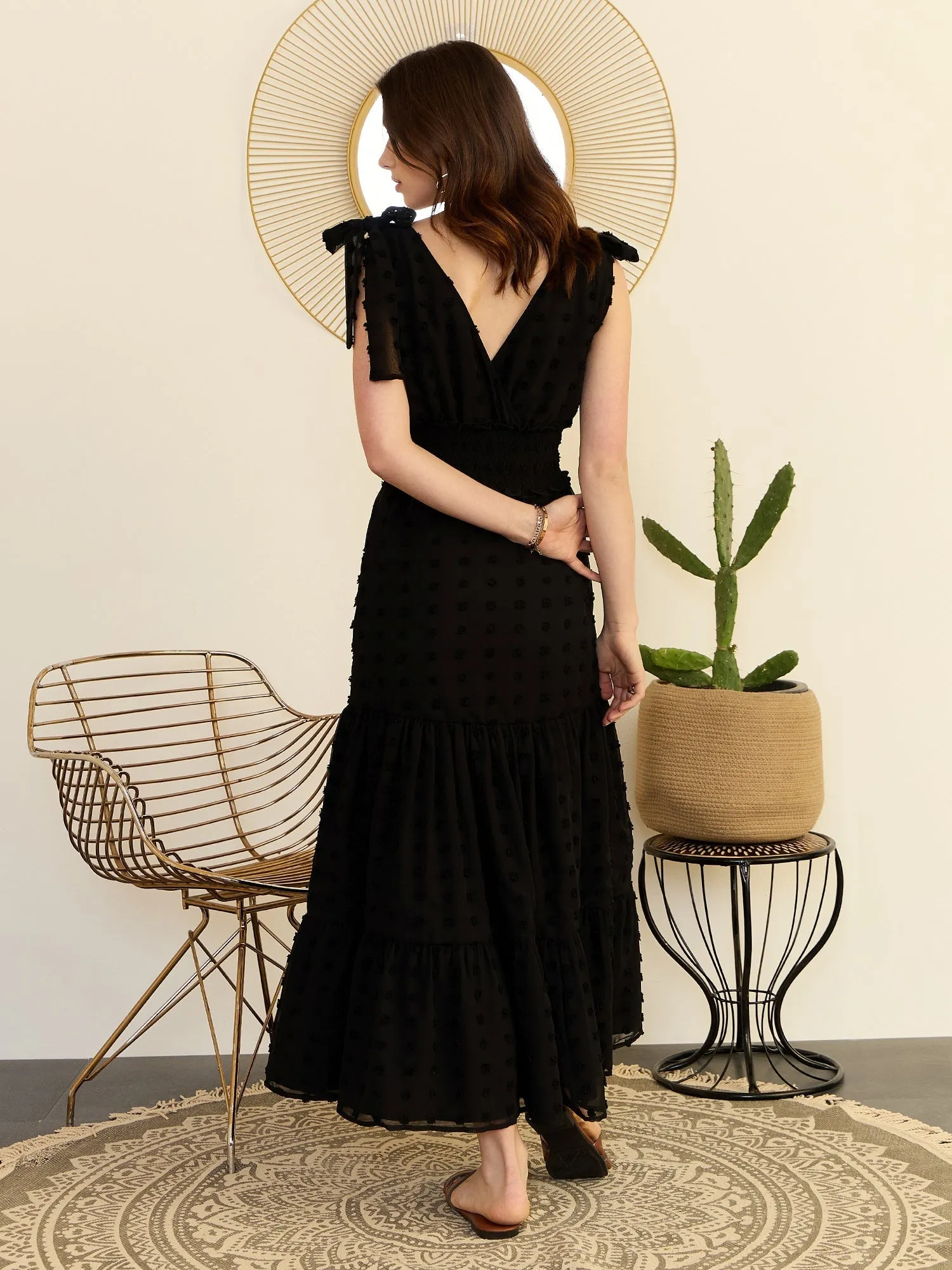 Berrylush Women Black Self Design V-Neck Smocked Maxi Dress