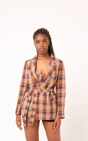 Bety Tie Waist Blazer in Orange Check