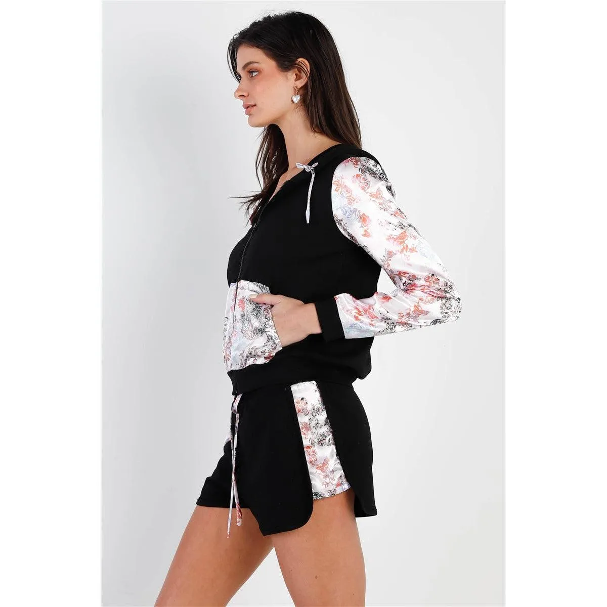 Black & Multi Color Print Colorblock Zip-up Hooded Top & Short Set