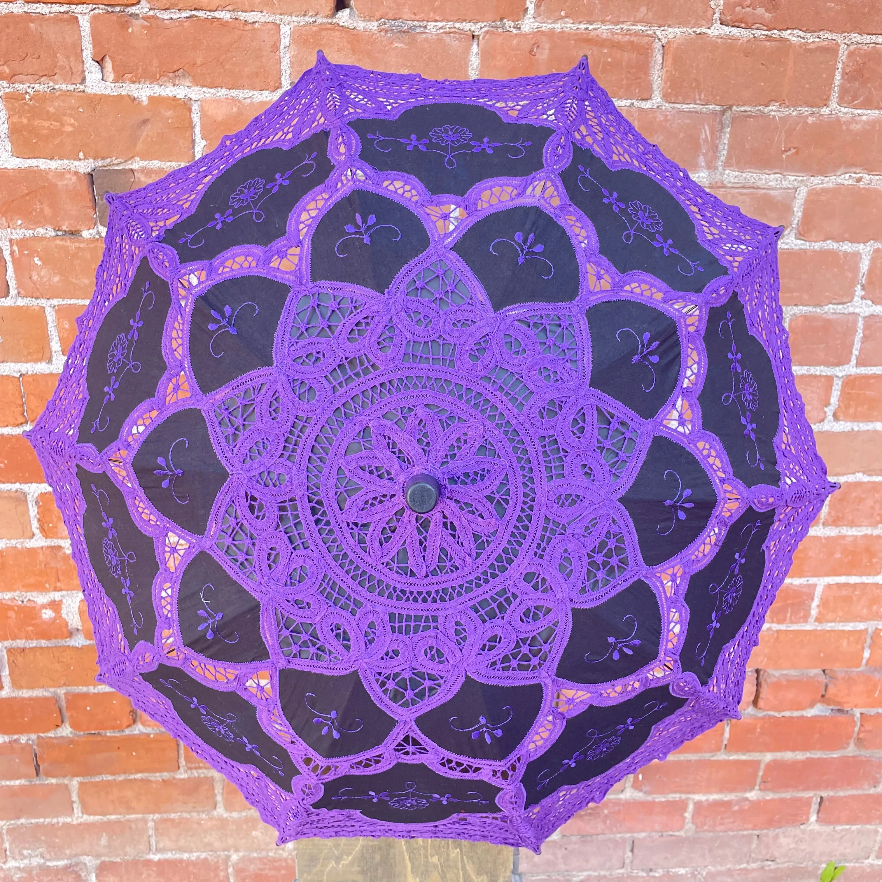 Black and Purple Battenberg and Embroidery Lace Cotton Parasol