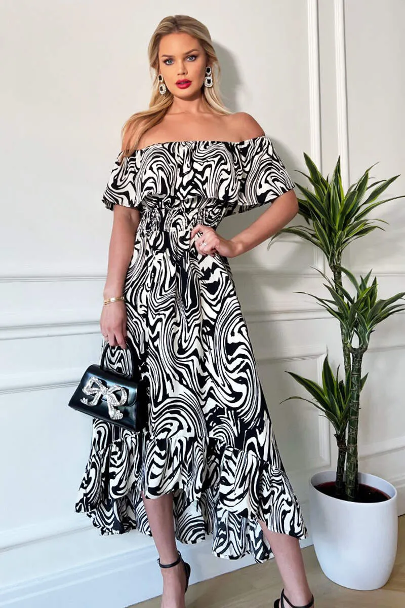 Black And White Printed Bardot Style Midi Dress